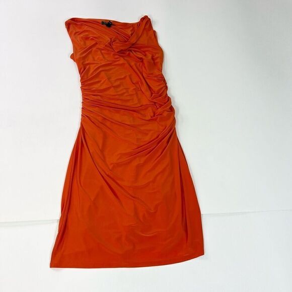 Lauren Ralph Lauren Midi Dress Womens 14 Red Stretch Drapered Neck Ruched Side - Picture 1 of 9